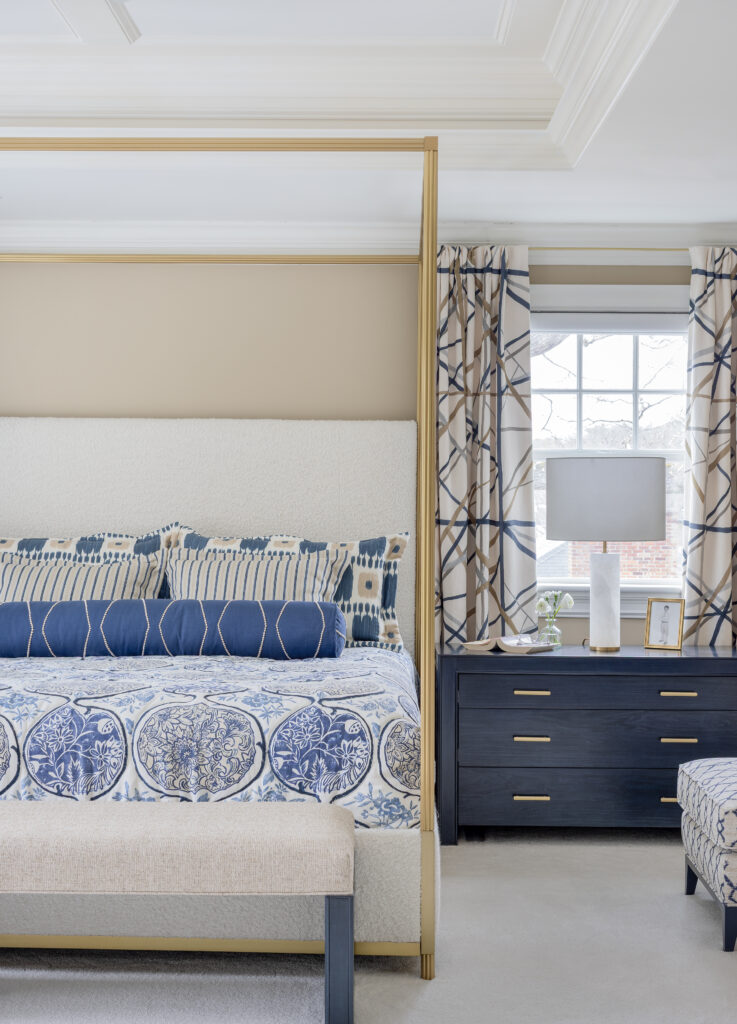 Westgate Rd, Wellesley Interior Design, Master Bedroom Blue Dresser Gold Bed